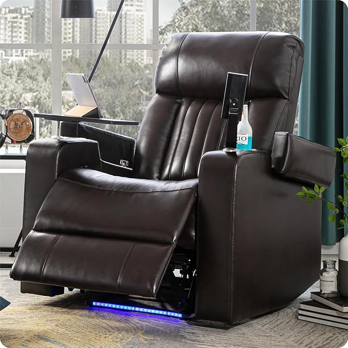 Leather Power Recliner Chair Electric PU Recliner with Hidden Arm Storage USB Charging Port 2 Cup Holders Tray Table Phone Stand for Home Theater