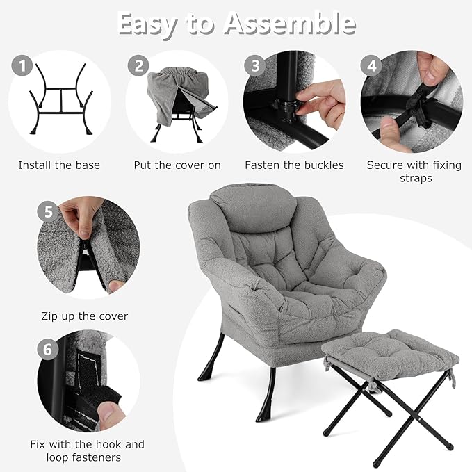 Giantex Set of 2 Lazy Chair with Folding Ottoman Modern Sherpa Accent Chair w/Armrests &amp Pocket Upholstered Single Sofa Chair Set Leisure Reading Lounge Chair for Living Room Bedroom (Grey)