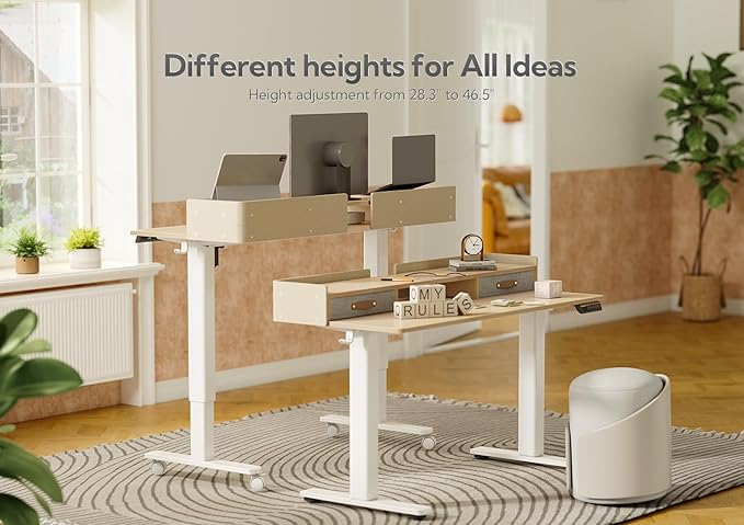 Claiks Standing Desk with Drawers Stand Up Electric Standing Desk Adjustable Height Sit Stand Desk with Storage Shelf and Splice Board 55 Inch Natural