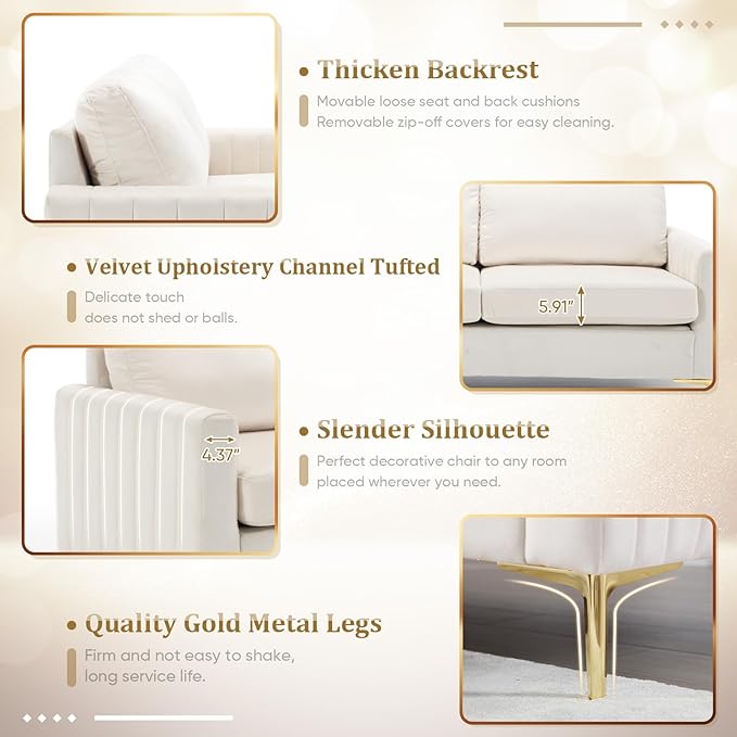 Velvet Accent Chairs Set of 2 Mid Century Modern Side Sofa Chair Comfy Upholstered Arm Chairs Living Room Set Furniture Bedroom Waiting Room Office with Gold Legs (Beige)