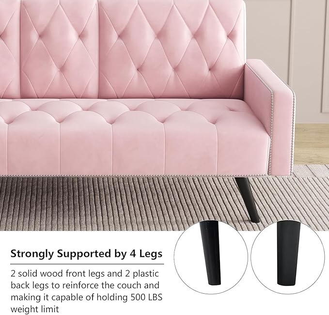 72 Pink Velvet Futon Couch Living Room Couch Bed Convertible Sleeper Sofa Bed with Cup Holder for Bedroom Guest Bed 2 Seater Reclining Sofas Couches with Nailhead Trim for Small Space (Pink)