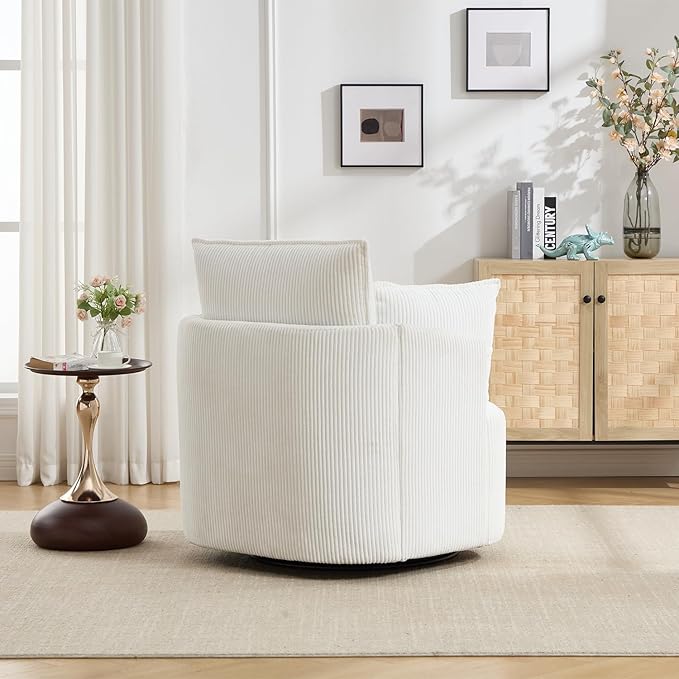 360° Swivel Accent Armchair Chair White Swivel Round Barrel Chair with 2 Pillows Upholstered Corduroy Accent Chairs for Living Room Bedroom Reading