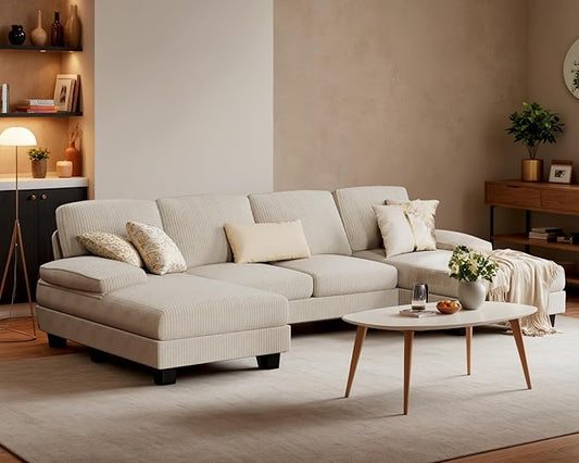 Furniwell Convertible Sectional Sofa Couch 4 Seat Sofa Set for Living Room U-Shaped Modern Fabric Modular Sofa Sleeper with Double Chaise &amp Memory Foam (Corduroy Beige)