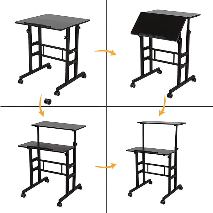 sogesfurniture Mobile Standing Desk Laptop Workstation on Wheels Adjustable Computer Desk for Standing or Sitting Black 101-BK