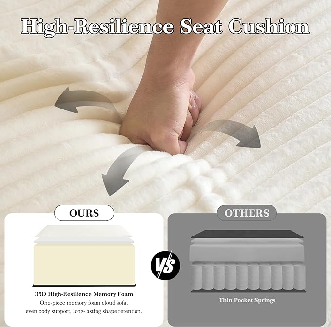 Modular Sectional Sofa with Movable Handrails Straight-Row Boneless Sofa Sectional Couch for Living Room Deep Seat Memory Foam Faux Rabbit Fur Fabric Sofa No Assembly Required (White)
