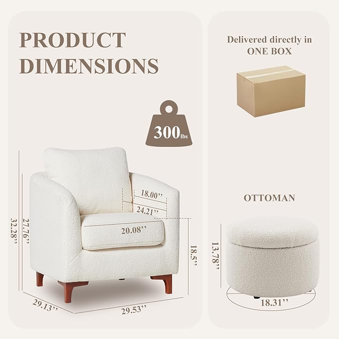 COLAMY Sherpa Accent Chair and Storage Ottoman Set of 2 Modern Upholstered Living Room Chair with Foot Rest Armchair with Back Pillow and Wooden Legs for Living Room Bedroom Classic Cream