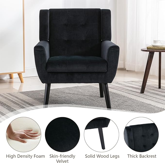 Modern Accent Chair Velvet Upholstered Armchair with Thick Padding Fluffy Comfy Reading Chair Cozy Living Room Chair with Black Wood Legs Single Sofa Chair for Home Office Bedroom Black