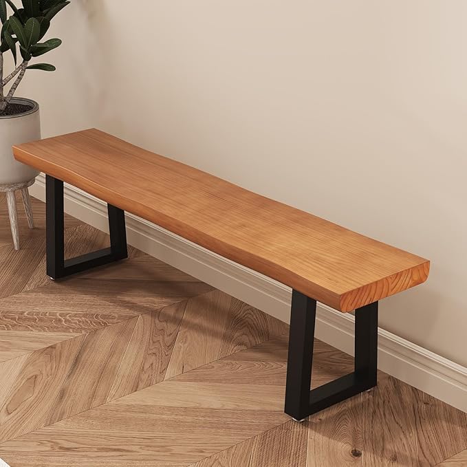 Solid Wood Top Bench with Metal Legs Durable Long Bench for Home Office Living Room Dining Room Versatile Multi Size Options Perfect Chair Stool Dining Bench Dining Chair (Light brown bench 62.99in)