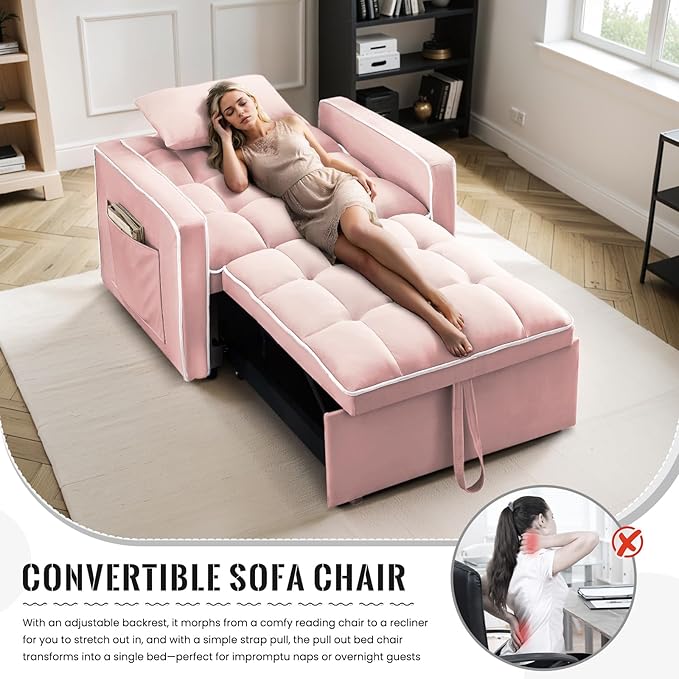 3 in 1 Velvet Sleeper Chair with Pull Out Bed Convertible Single Sofa Bed Futon Modern Tufted Chair with Adjustable Backrest Pullout Sleeper Sofa Chair for Bedroom Living Room Lounge (Pink)
