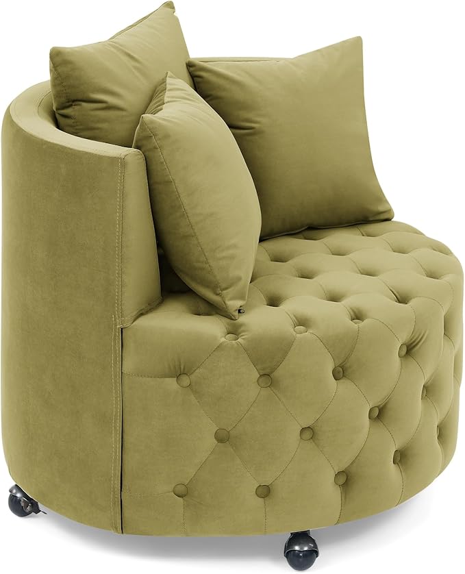 Velvet Upholstered Swivel Chair for Living Room with Button Tufted Design and Movable Wheels Including 3 Pillows Khaki Green