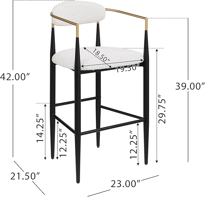 GDFStudio Modern Barstools Set of 2Mid Century Upholstered Counter Height Bar Stools with Back Metal Armrests and Legs Countertop Chairs for Kitchen Island 29.75 H