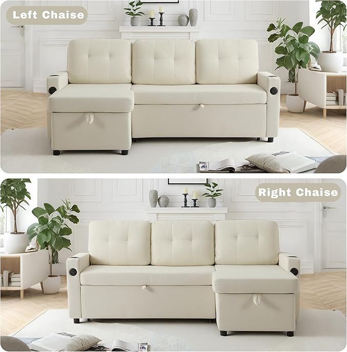 82 Pull Out Sofa BedL-Shape Modern Sleeper Sofa Upholstered Sectional Couch with USB Port and Side Pockets for Living Room and Guest Room (Beige)
