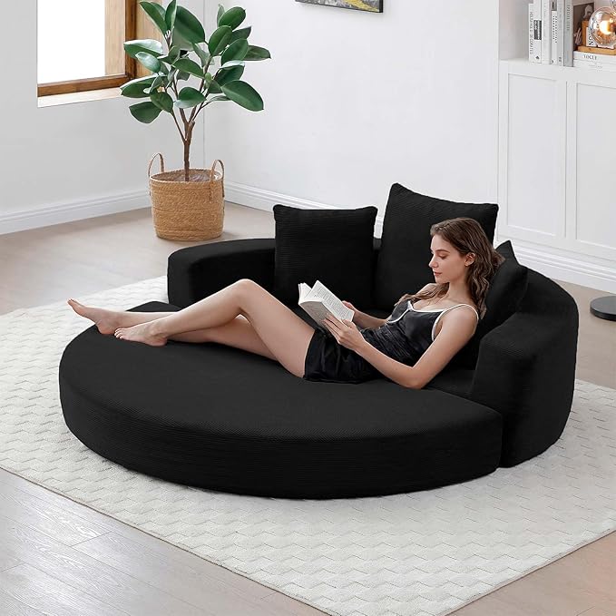 67-inch Convertible Futon Sofa Bed Round Folding Comfy Corduroy Upholstered Couch Bed with 3 Pillows Boneless Floor Lazy Loveseat Sofa for Living Room Apartment Small Spaces Pinstripe Black