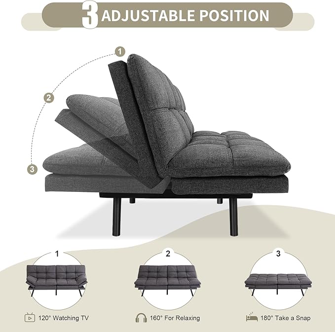 MUUEGM 71 Futon Couch Filled with Memory Foam Convertible Futon Sofa Bed with Adjustable Backrest Armrest Folding Futon for Living Room Small Space Loveseat for Sleeper(Fabric Dark Gray)