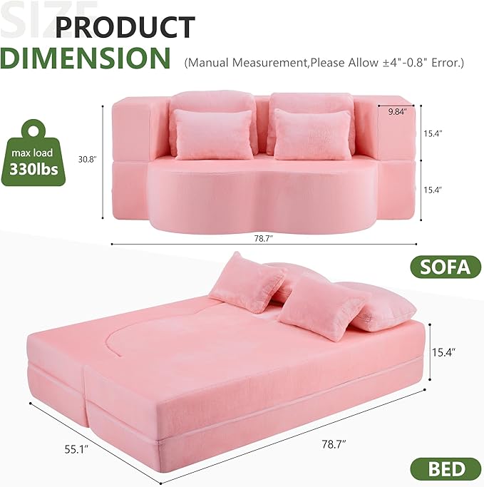 JOYBASE 78in Sofa Couch Convertible Oversized Cloud Loveseat Minimalist Sleeper Sofa Bed for Living Room Apartment Office No Assembly Required (Light Pink)