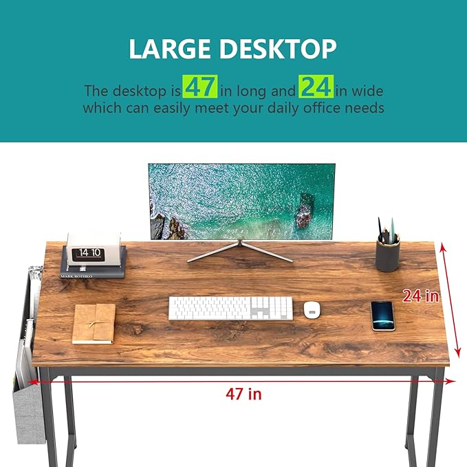 PayLessHere Computer Desk with 2 Shelves 47 in Length Study Writing Table 2-in-1 Large Office Desk with Metal Legs Adjustable feet Modern Furniture for Home Office Study Room-Rustic Brown