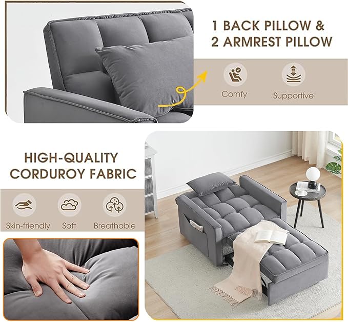 3 In 1 Velvet Convertible Sofa Bed Pull Out Couch Bed with Reclining Backrest And 2 Pillows 54 Full Size Loveseat Sleeper Sofa Futon Couch Bed Couches For Small Spaces Living Room (Dark Grey)