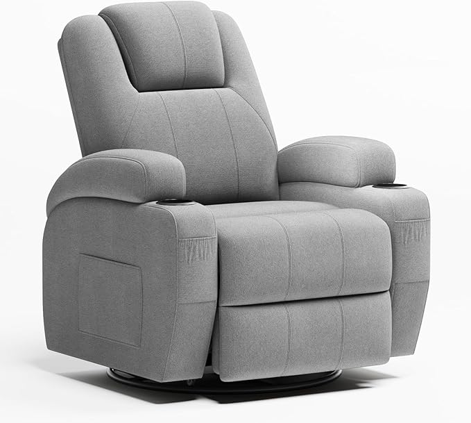 Flamaker Swivel Rocker Recliner Chair with Vibration Massage 360° Swivel Recliner Chairs for Adults Ergonomic Lounge Chair with Cup Holders Lazy Boy Recliner Single Sofa Seat (Fabric Gray)