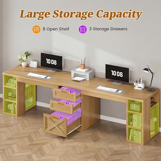 SEDETA Farmhouse 96.5 Computer Desk with Drawers 2 Person Home Office Desk Gaming Double Desk with Storage Shelves Long Two Person Writing Desk Oak