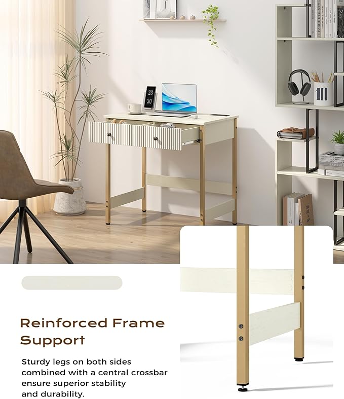 Manora 31.5” Computer Desk with Power Outlets and USB Ports Modern Writing Desk with Fluted Drawer Front Small Study Table with Storage Drawers for Home Office Bedroom Vanity Use White and Gold