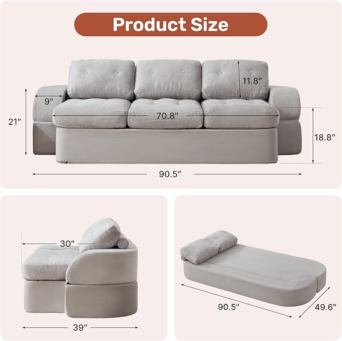 Convertible Sofa Bed3-Seater Boneless Couches for Living Room 2 in 1 Folding CouchFold Out Floor Couch with PillowsCloud Floor LoveseatFloor Futon Sleeper for Living Room Bedroom LoungeLightGray