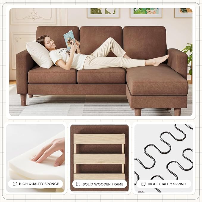 Homall Convertible Sectional Sofa 3 Seat L Shaped Couch with Side Storage Pocket Sofas with Movable Ottoman Small Linen Couches for Living Room &amp Apartment (Linen Fabric Brown)