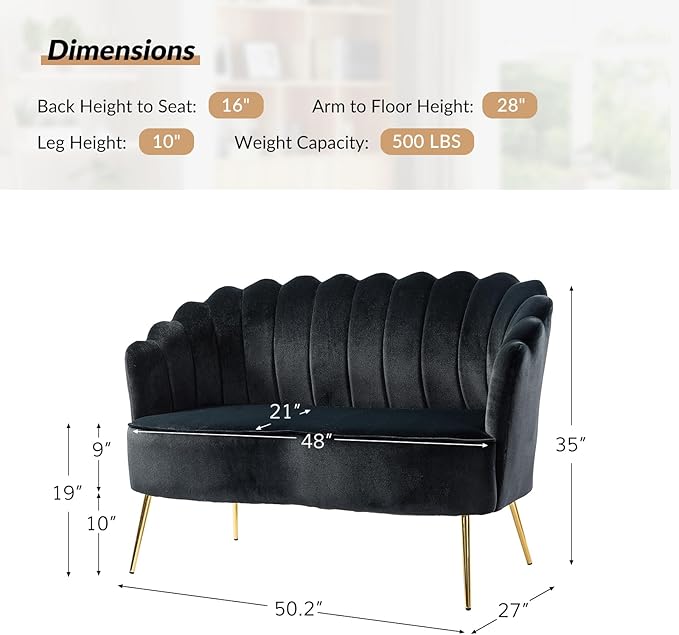 Velvet Upholstered Loveseat Sofa with Gold Metal Legs Modern Comfy Small Love Seat with Flower Shaped Back 2-Seater Sofa Accent Couch for Living Bedroom Leisure Areas