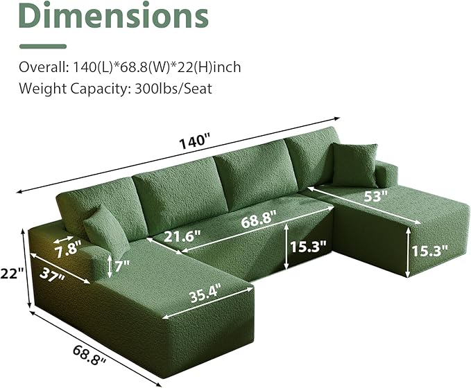 140 Modular U-Shaped Sectional Sofa 7-Seater Cloud Couch with Double Chaise Modern Sleeper SofaNo Assembly Sectional Cloud Boneless Sofa Couches for Living Room/Apartment