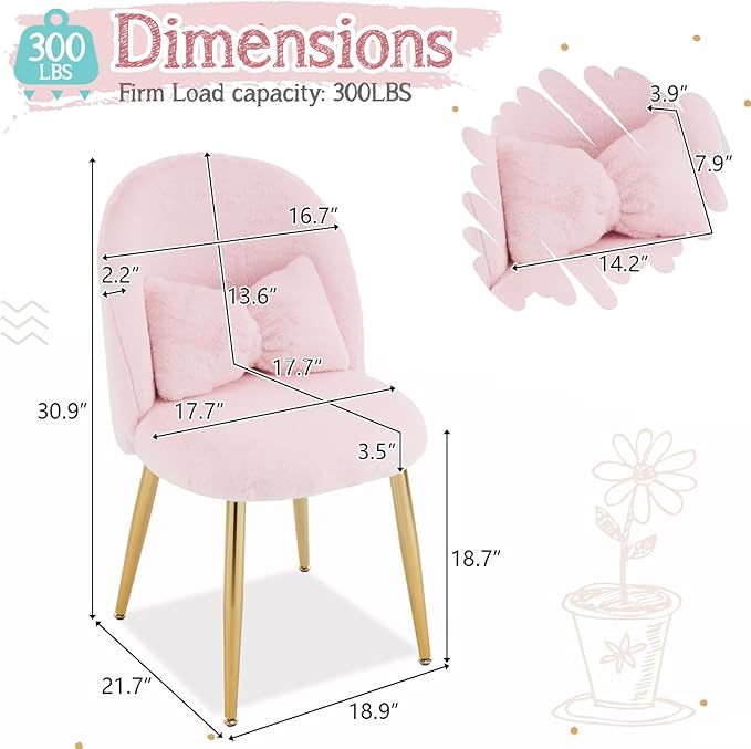 VINGLI Fluffy Girls Vanity Chair with Back &amp PillowCute Small Cozy Desk Chair No WheelsComfy Makeup Ch with Ajustable Gold Legsfor BedroomLiving RoomSmall SpacePink