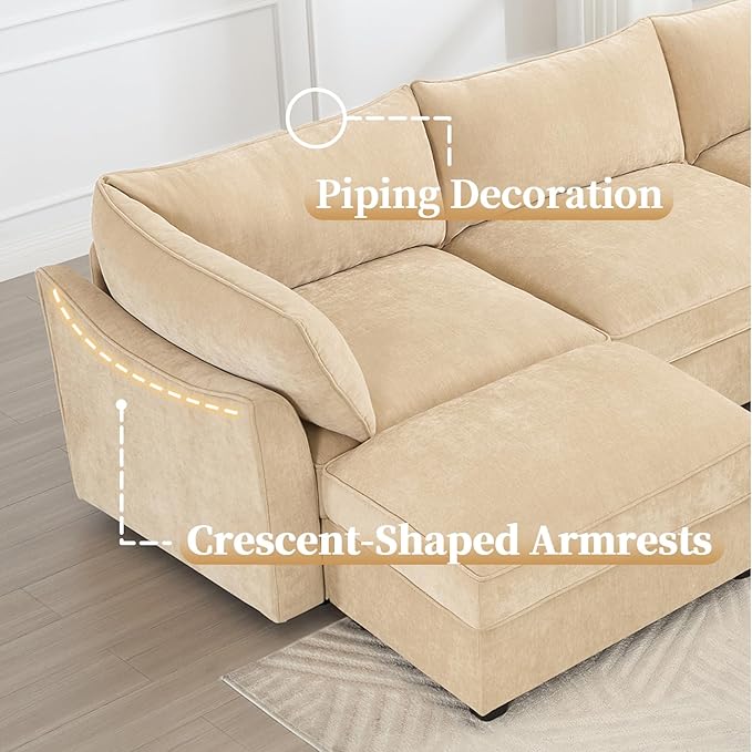 Rovibek 112” L Shaped Couch with Storage Chenille Sofas for Living Room Sectional Couch with Pull Out Drawer &amp Throw Pillows &amp Storage Ottoman Wheat