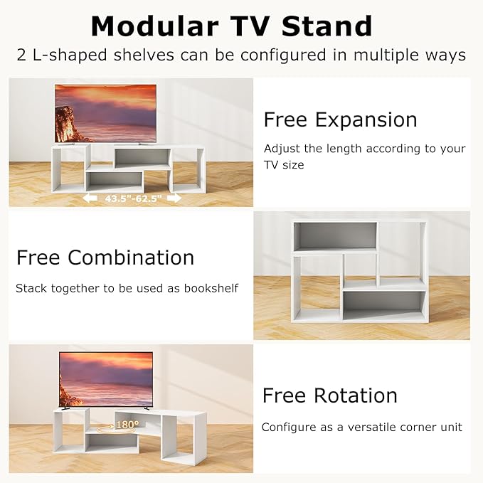 Tangkula 2 Pieces L-Shaped TV Stand Free-Combination Entertainment Center for TVs up to 55 Inch Modern TV Media Console Table with 4 Open Cubes DIY Bookcase Shelf for Living Room (White 2 pcs)
