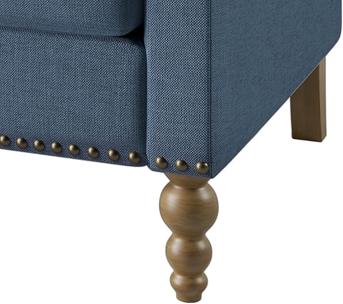 Generic Classic Linen Armchair Accent Chair with Bronze Nailhead Trim Wooden Legs Single Sofa Couch for Living Room Bedroom Balcony Navy Blue