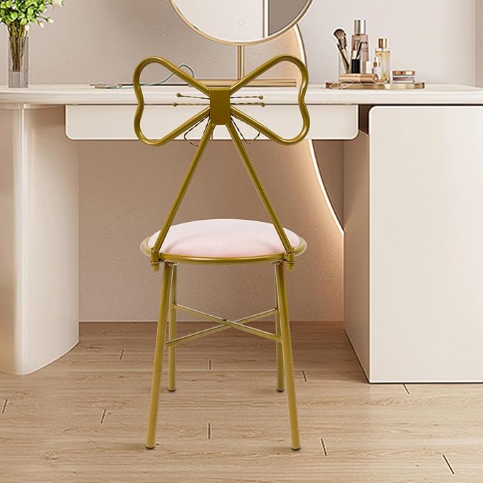 Small Cute Vanity Chair Knot Backrest Vanity Stool with Back Modern Makeup Chair Gold Lounge Chair for Living Room Bedroom Kitchen (Light Pink)