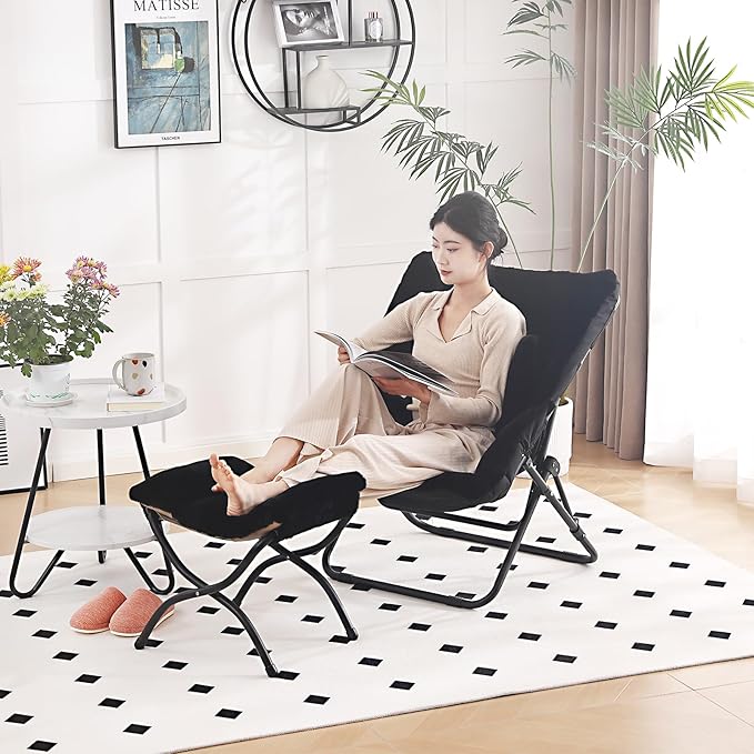 Comfy Saucer Chair with Ottoman Oversized Folding Faux Fur Chair Soft Furry Lazy Chair with Metal Frame Moon Chair Accent Chair for Bedroom Living Room Dorm Rooms Black