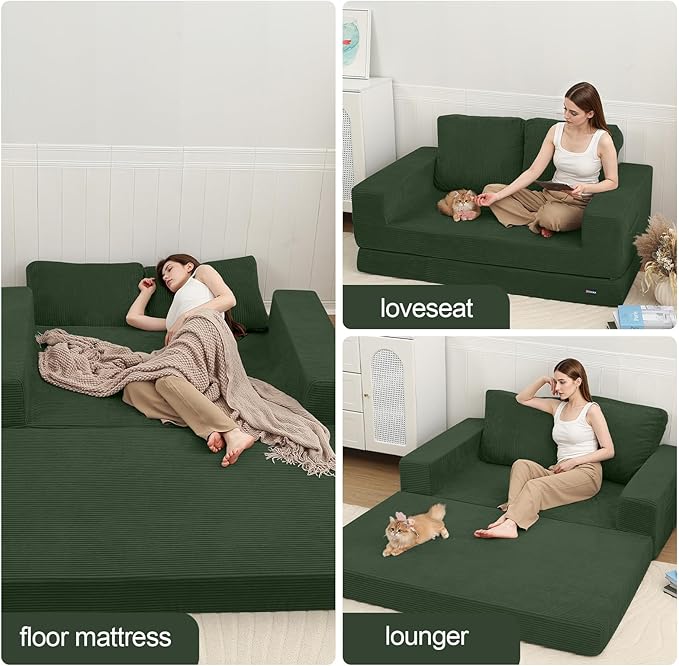 COMAX Convertible Sofa Bed Queen Folding Fold Out Couch Bed Floor Futon Couch Corduroy Sleeper Mattress with Back Pillows Boneless Sofa Comfy Lounge Loveseat for Living Room Bedroom Green