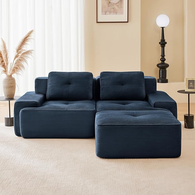80 Modern Blue Corduroy Modular Boneless Sectional Couches for Living Room 2 Seater Deep Seat Compressed Sofa No Assembly Memory Foam Cloud Comfy Loveseat Couches with 1 Ottoman L Shaped
