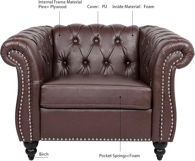 Oversized Chesterfield Chair PU Leather Accent Chair with Tufted Back Club Chair for Living Room Bedroom Gothic Victorian (Brown)