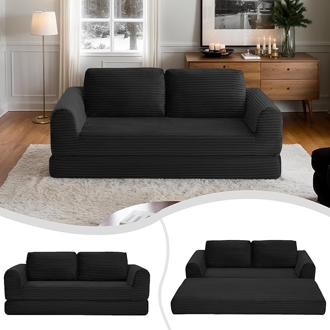 63 Corduroy Boneless Couch 2-Seater Compression Sofa with 2 Throw Pillows No Assembly Required Comfy Loveseat Sofa in a Box Modern Couches for Living Room (Black 82 inch &amp Pull-Out Bed) | Br