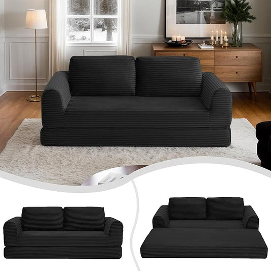 63 Corduroy Boneless Couch 2-Seater Compression Sofa with 2 Throw Pillows No Assembly Required Comfy Loveseat Sofa in a Box Modern Couches for Living Room (Black 82 inch &amp Pull-Out Bed) | Br