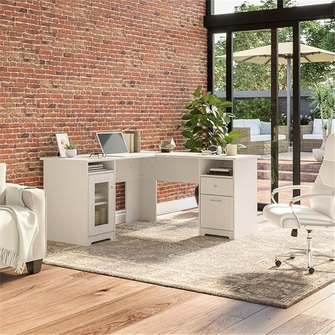 Pemberly Row 60 L Shaped Wood Computer Desk White Finish Transitional Style with Storage Cabinet Drawers Fluted Glass Door Wire Management Durable Home Office Desk for Multiple Monitors