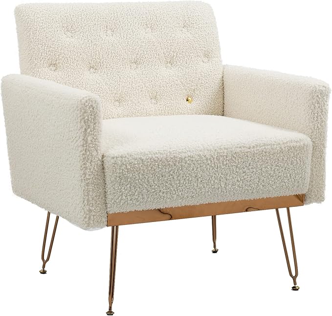 Accent Chair for Living Room Comfy Oversized Velvet Upholstered Arm Chairs Mid Century Modern Reading Single Sofa Side Chair with Tufted Back and Gold Legs for Bedroom (1 Teddy White)