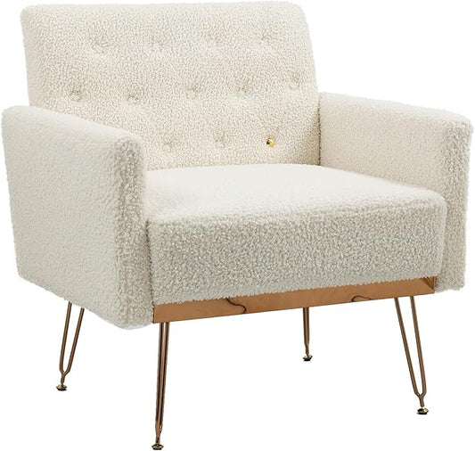 Accent Chair for Living Room Comfy Oversized Velvet Upholstered Arm Chairs Mid Century Modern Reading Single Sofa Side Chair with Tufted Back and Gold Legs for Bedroom (1 Teddy White)