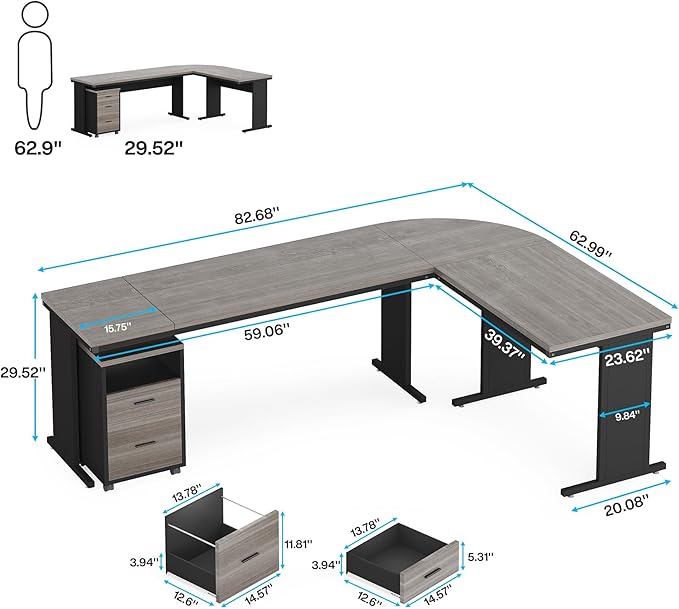Tribesigns 83 Inch L-Shaped Executive Desk with Drawers Large Office Computer Desk with File Cabinet Business Workstation Furniture for Home Office (Gray)