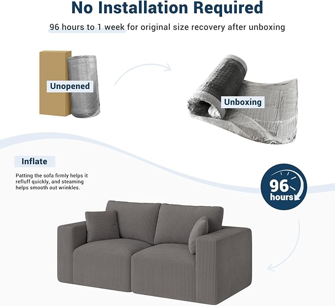 Modular Loveseat Couch Cloud Couches for Living Room - 79 Boneless Sofa - No Assembly Required Cozy Corduroy Convertible Full Sponge Compression Sofas for House Apartment(Grey)