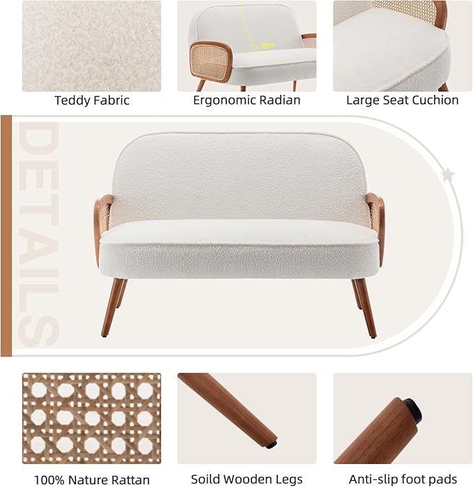 WENTMENT Loveseat Sofa Small Couch for Living Room Teddy Love Seat with Natural Rattan Armrest and Solid Wooden Legs Small Sofa for Small Space Bedroom Apartment（White）