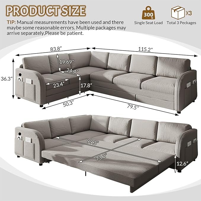 GNIXUU 115.2 L Shaped Couch with Pull Out Bed Convertible Sectional Sleeper Sofa with USB Port &amp Side Pockets 6 Seat Oversized Modular Teddy Cloud Couches for Living Room Apartment Light Gray