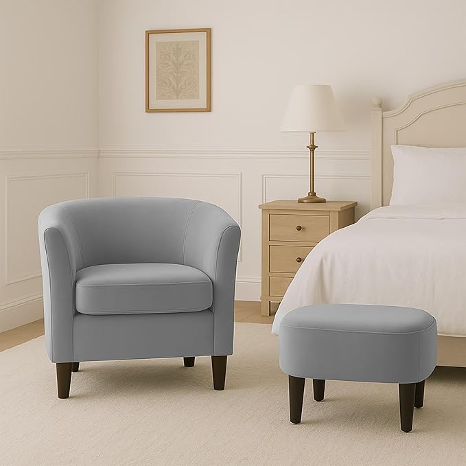 Velvet Accent Chair with Ottoman Modern Barrel Armchair Plush Lounge Chair for Living Room Bedroom Reading Nook 4 Colors (Gray)