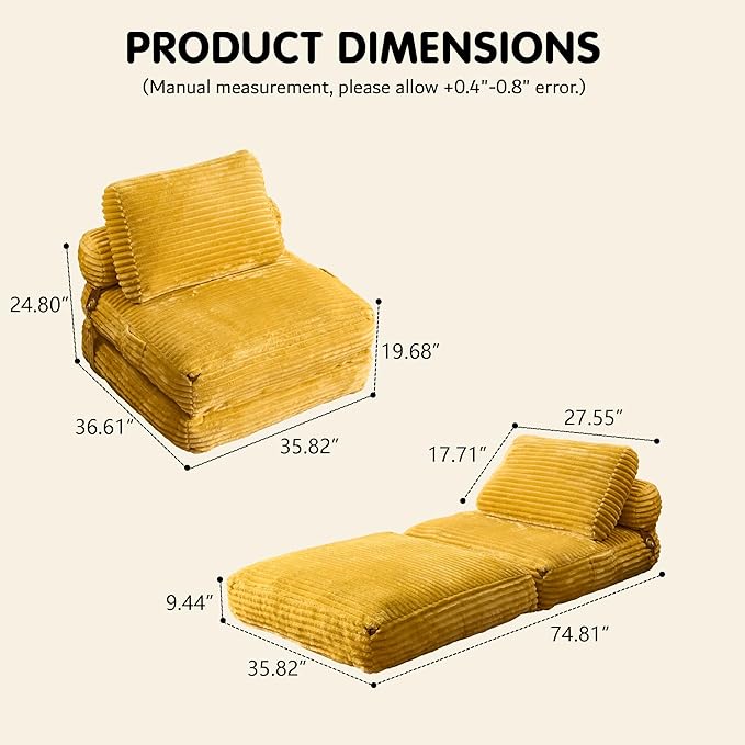 HOOOWOOO Folding Sofa BedConvertible Futon Sleeper Ottoman Pull Out Bed Single Couch 2 in 1 No AssemblyPortable 35.8 Boneless Corduroy Accent Chair Floor Chaise Lounge for Guest Room Studio(Yellow)