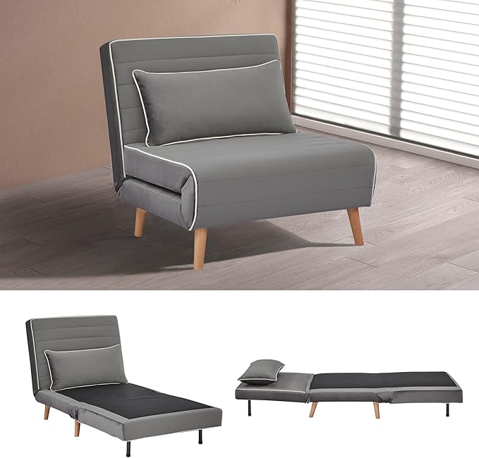 32 Convertible Sleeper Chair 3-in-1 Folding Sleeper Chair with Pillow 3-Position Adjustable Backrest for Living Room Bedroom Office Gray