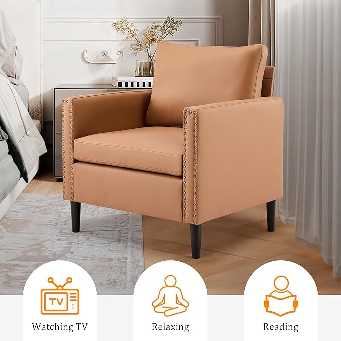 MOJAY Modern Accent Chairs Set of 2 Mid-Century Living Room Chair for Bedroom PU Leather Upholstered Comfy Armchair for Apartment Waiting Room (Brown)